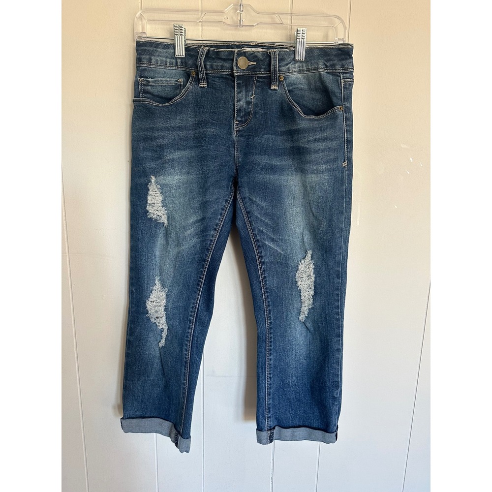 YMI Jeans Women Size‎ 9 Blue Denim Cropped Distressed Ripped Cuffed Capri Jeans